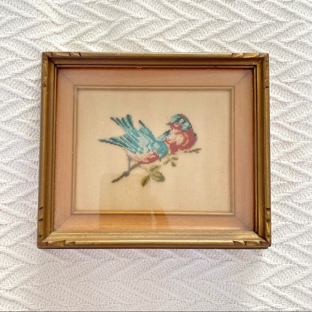 Vintage Antique Bluebird Framed Needlepoint